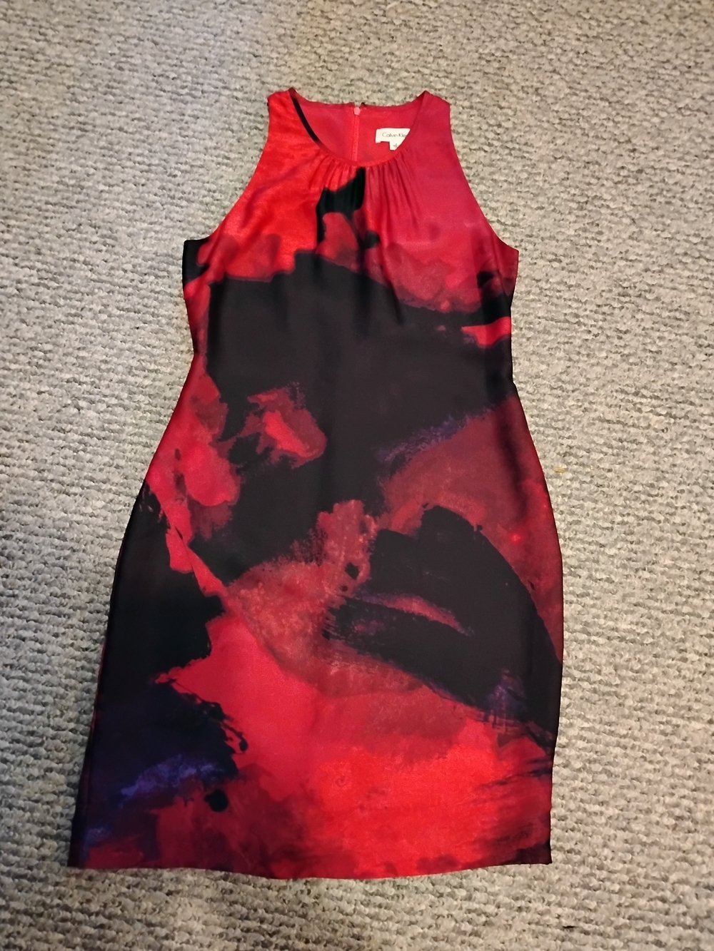 Calvin Klein Red and Black Abstract Sleeveless Sheath Dress